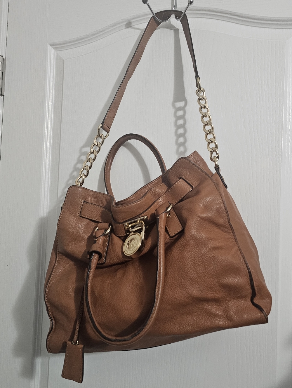 Michael Kors Hamilton Leather Large Satchel Shoulder Bag Gold Padlock Purse